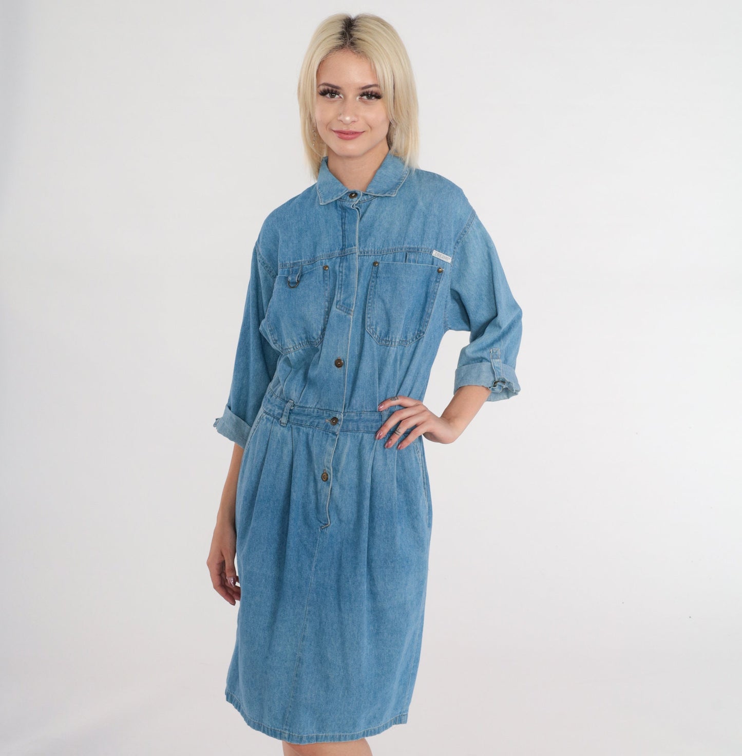 80s Dreams Blue Denim Button-Up Shirtdress Knee Length Cotton Medium