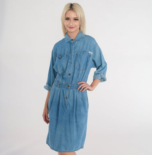 80s Dreams Blue Denim Button-Up Shirtdress Knee Length Cotton Medium