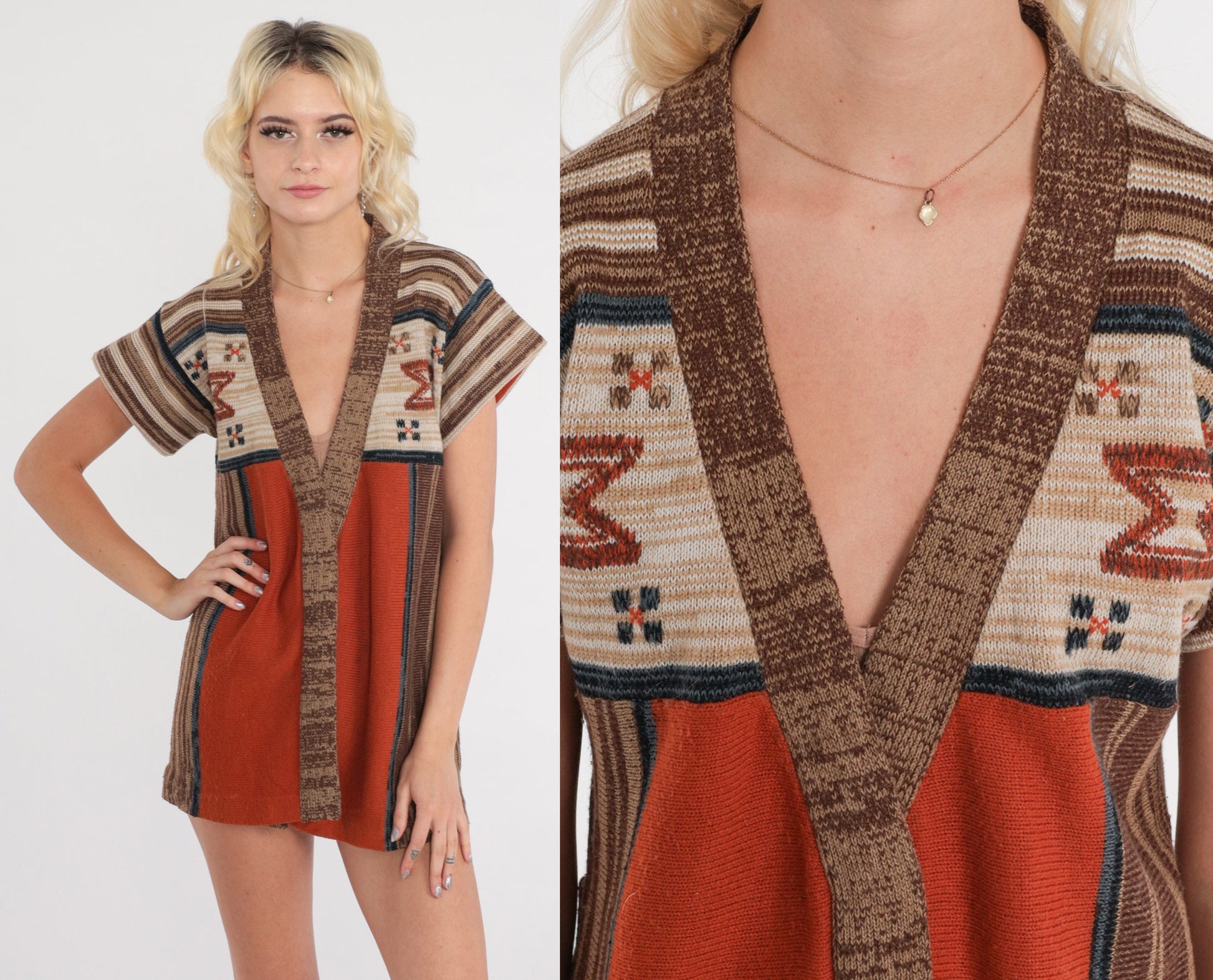 70s Rust Orange Space Dye Cardigan Southwestern Striped Knit Small