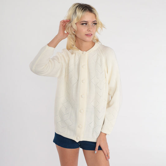 60s White Pointelle Cardigan Raglan Geometric Cutout Knit Small