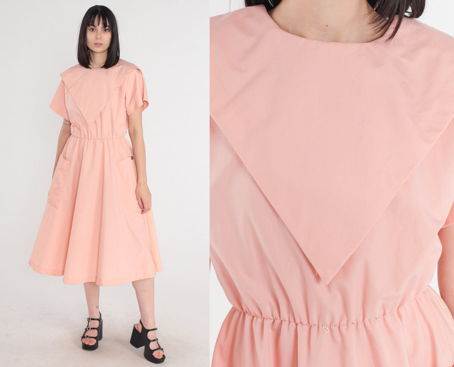 80s Pink Midi Dress High Waist Short Sleeve Pockets Medium M