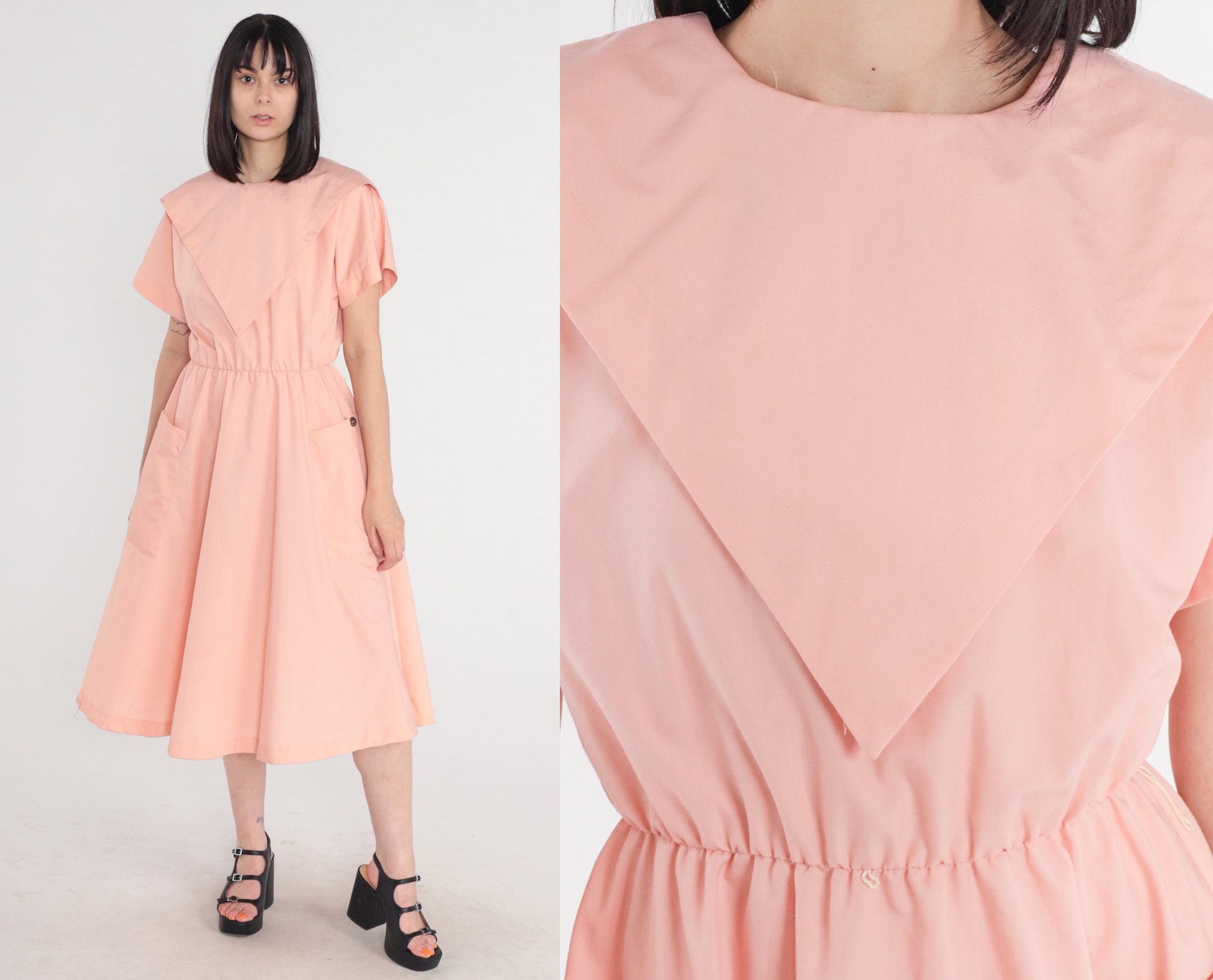 80s Pink Midi Dress High Waist Short Sleeve Pockets Medium M