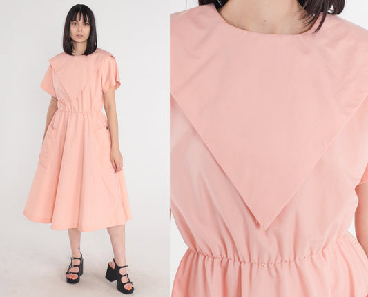 80s Pink Midi Dress High Waist Short Sleeve Pockets Medium M