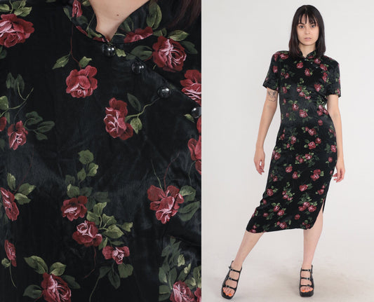 90s Jason Cody Cheongsam Midi Dress Black Floral Mandarin Collar Large