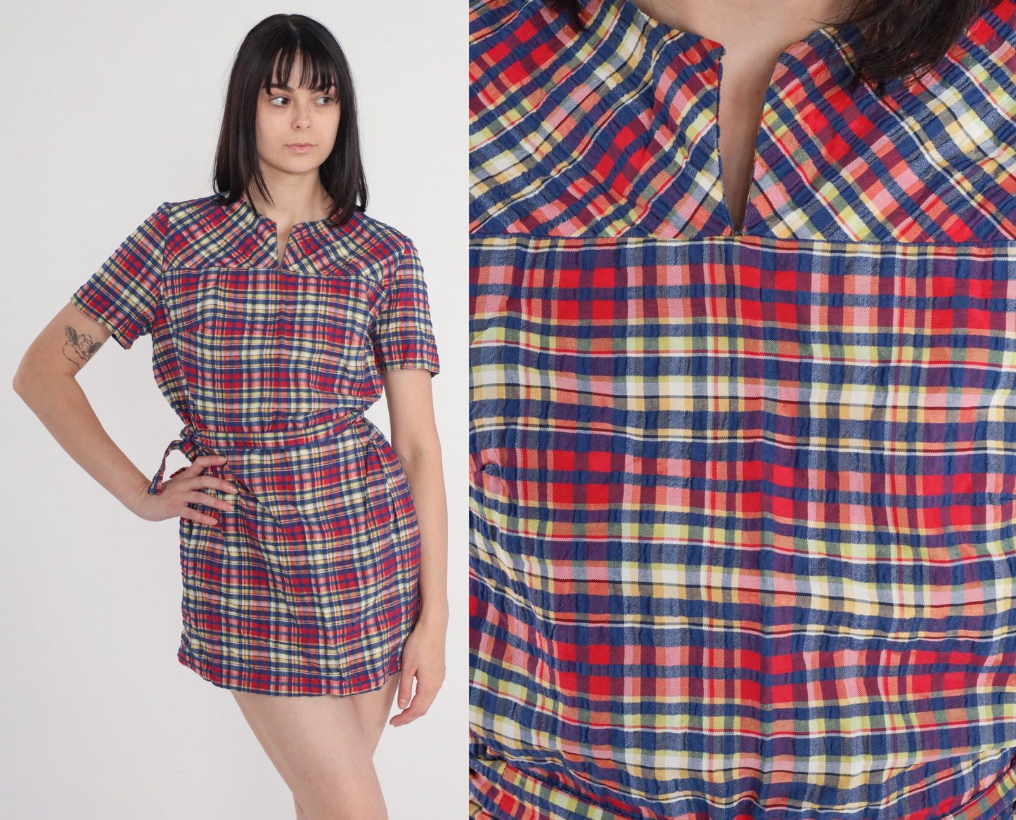 60s Plaid Mini Dress High Waisted Mod Red Blue Checkered Medium M