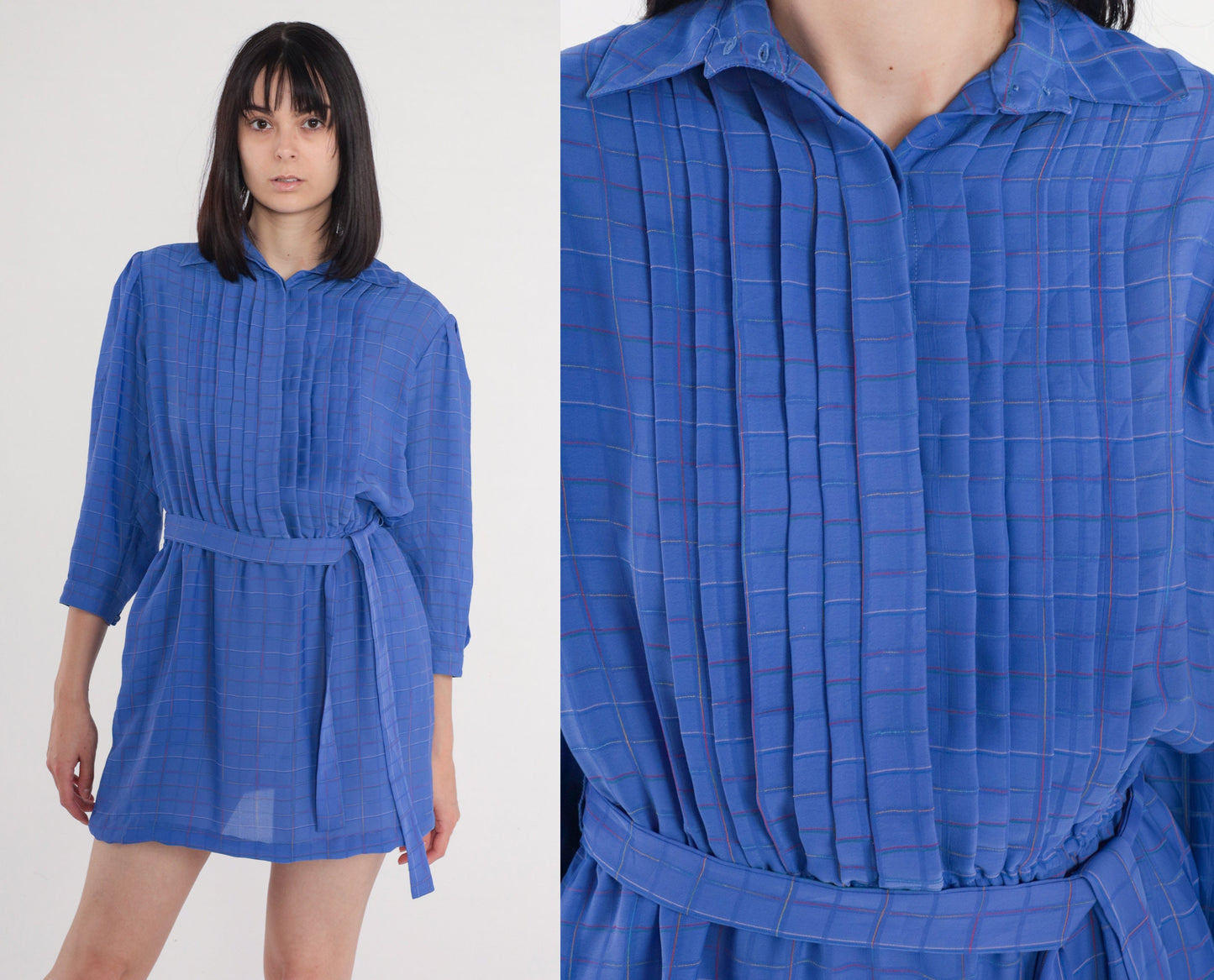 70s Ms Chaus Blue Checkered Mini Dress High Waist Pleated Button Up Medium Large