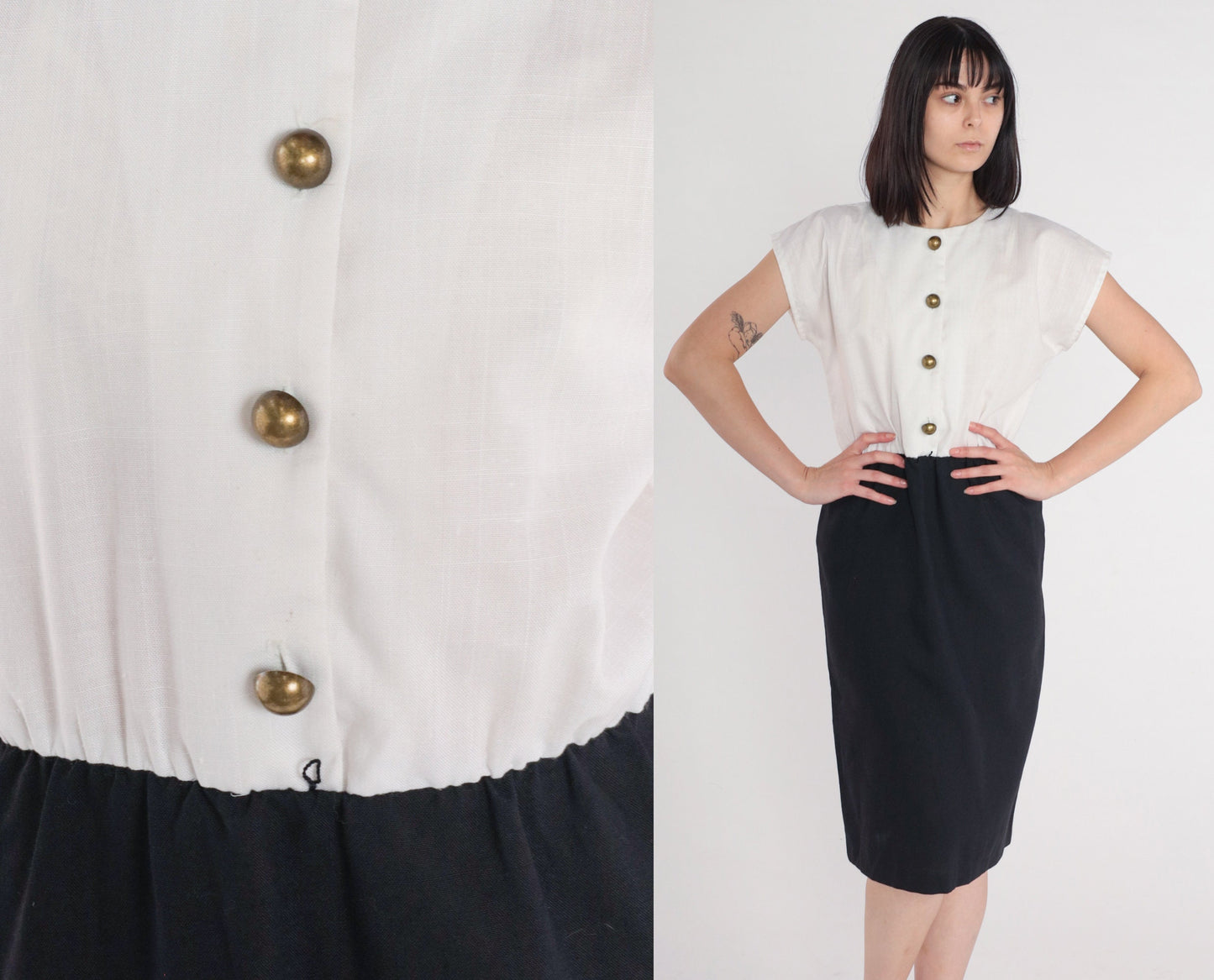 80s Justin Thyme Button-Up Midi Dress Black White Cap Sleeve Medium