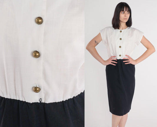 80s Justin Thyme Button-Up Midi Dress Black White Cap Sleeve Medium