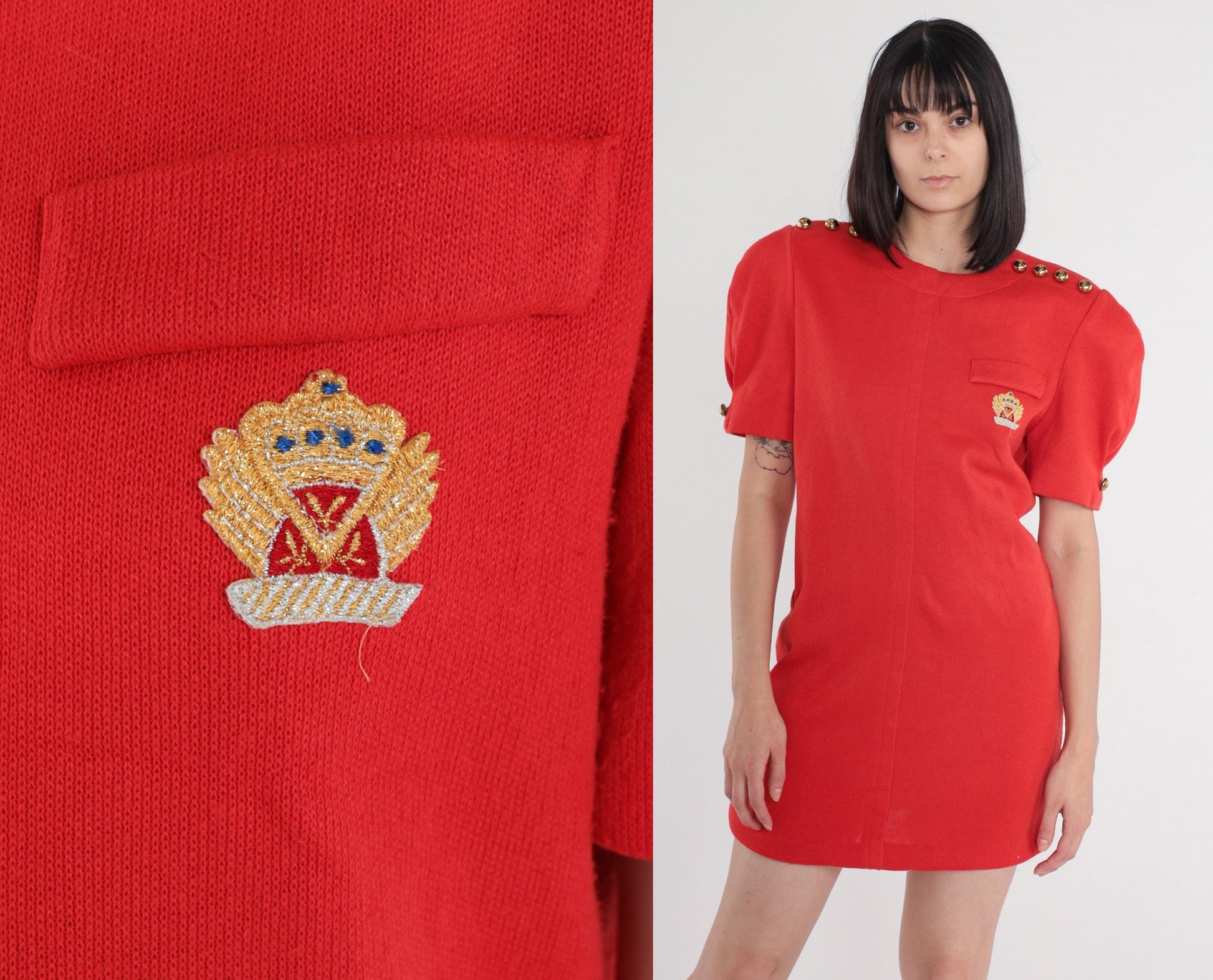80s Leslie Fay Red Mini Dress Puff Sleeve Gold Buttons Sparkly Crest Patch Large