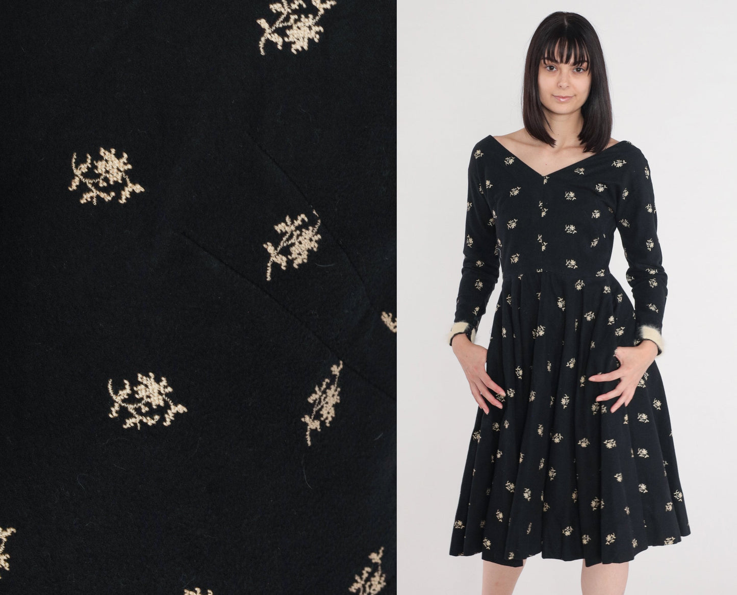 1950s Black Wool Floral Embroidered Midi Dress High Waist Long Sleeve Small S