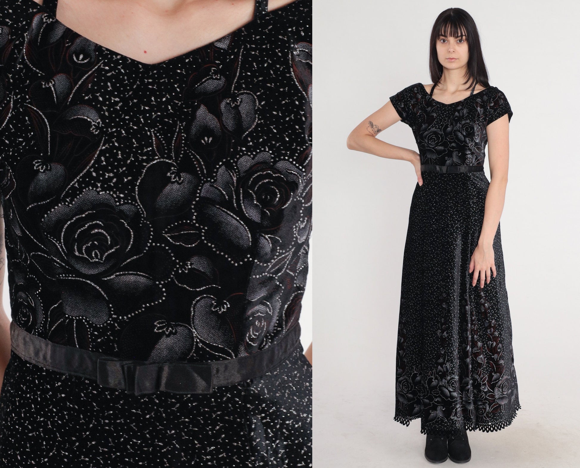 80s Black Velvet Maxi Dress Sparkly Floral Rose Print High Waisted Small