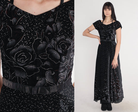 80s Black Velvet Maxi Dress Sparkly Floral Rose Print High Waisted Small