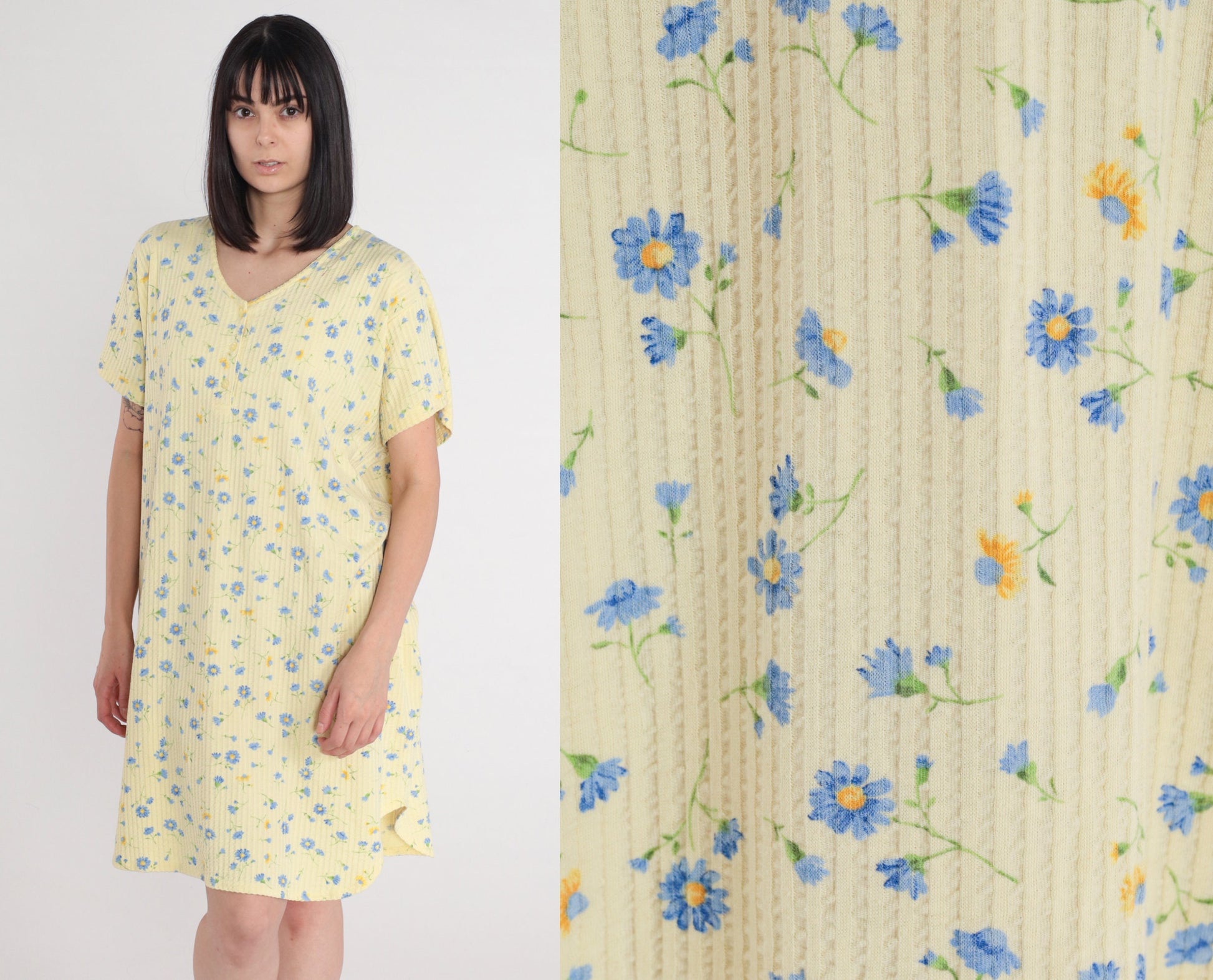 00s Yellow Floral Mini Dress Plus Size XXL Button-Up Short Sleeve