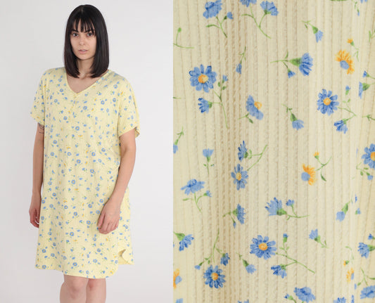 00s Yellow Floral Mini Dress Plus Size XXL Button-Up Short Sleeve