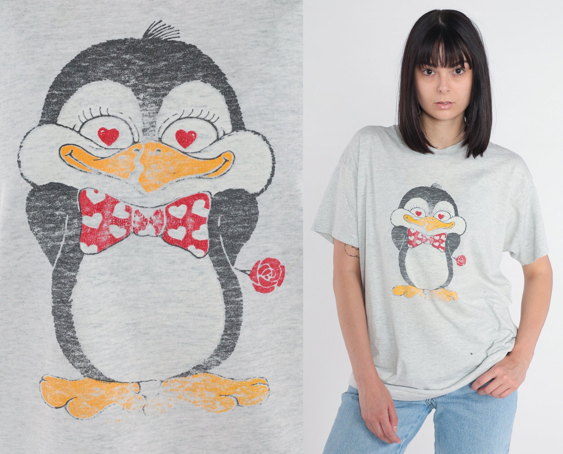 90s Penguin Graphic T-Shirt Heart Rose Cartoon Grey Single Stitch Extra Large XL