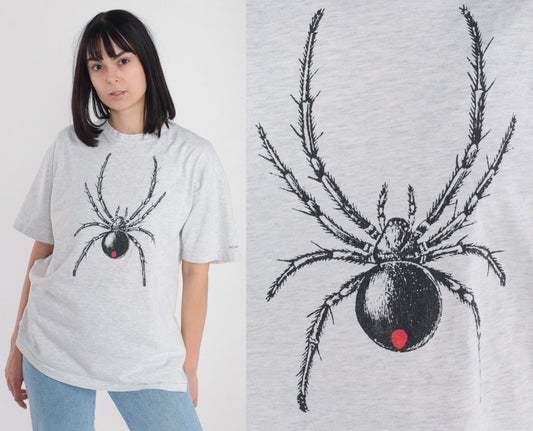 90s Black Widow Spider Graphic T-Shirt Grey Cotton Single Stitch Extra Large