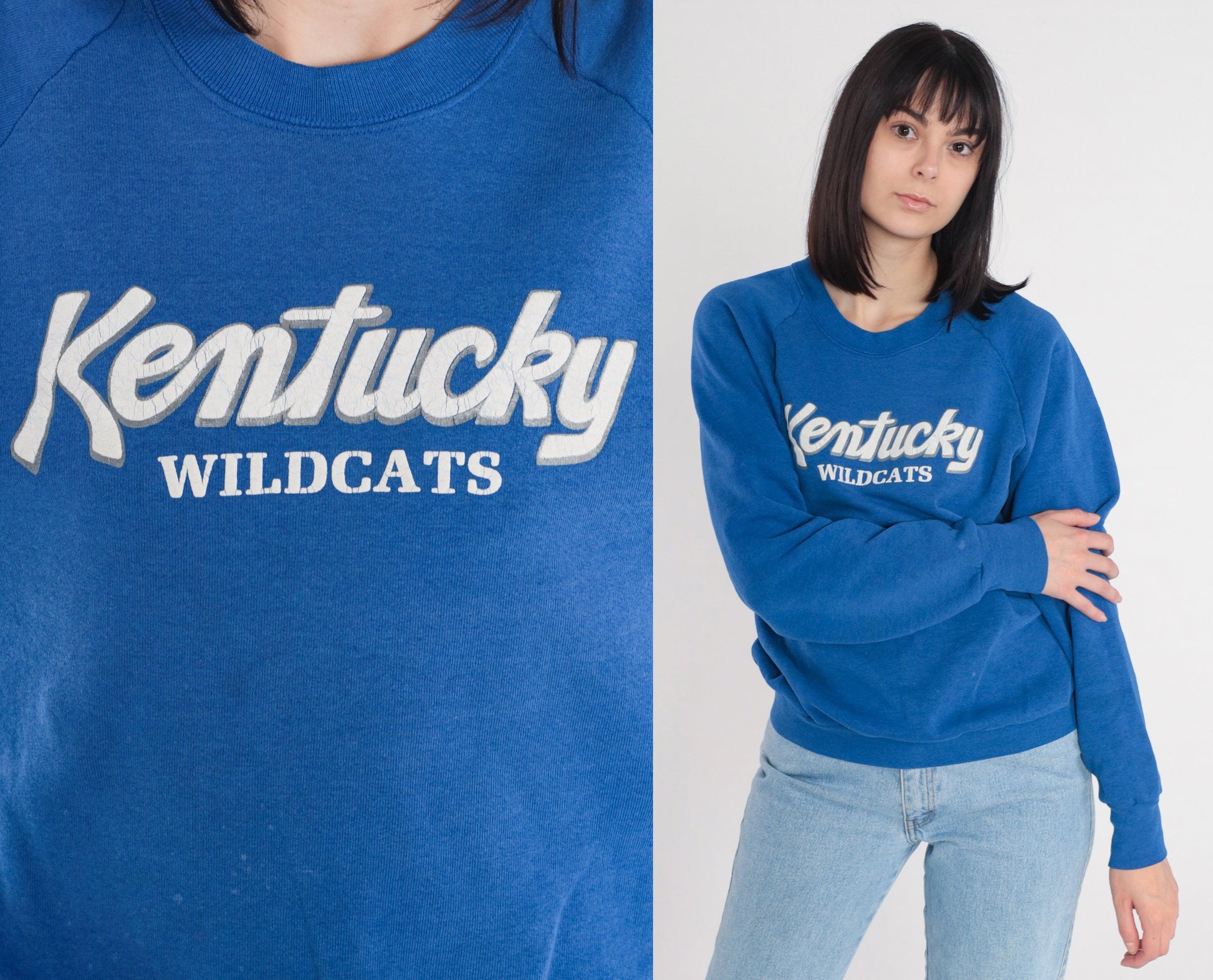 90s Kentucky Wildcats NCAA Basketball Sweatshirt Blue Raglan Large L