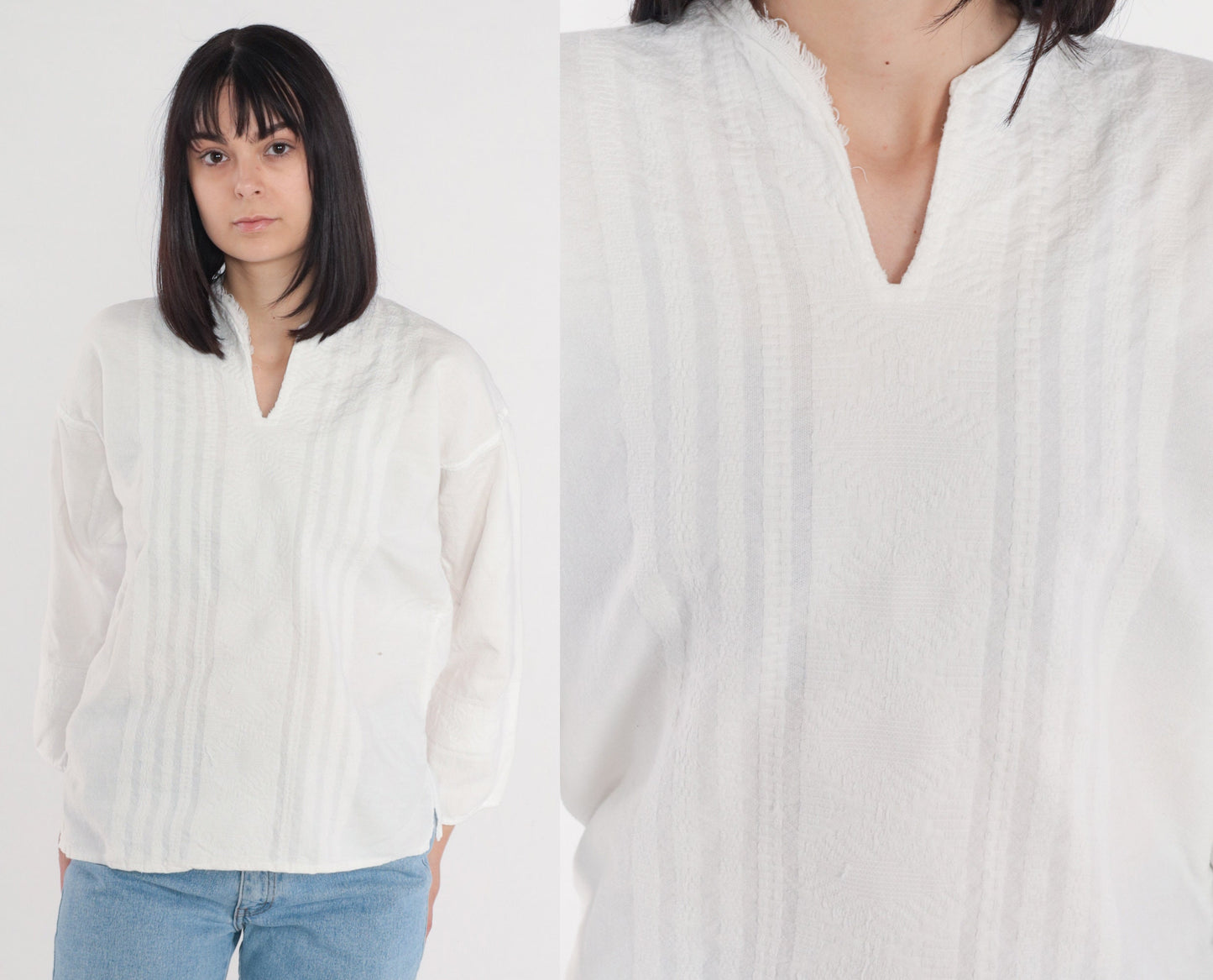 90s White Cotton Woven Blouse Long Sleeve V-Neck Medium M