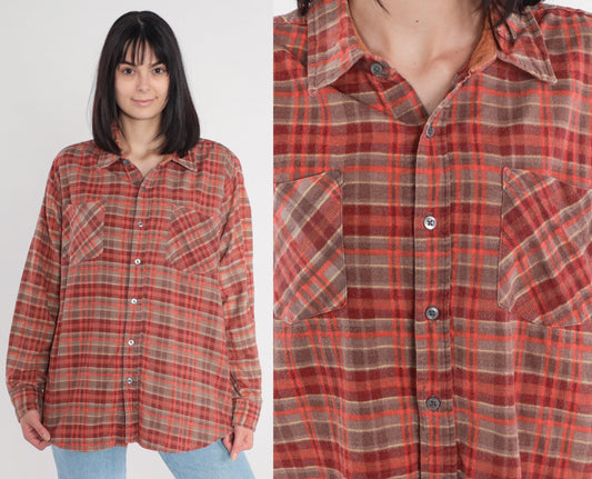 90s Haband Red Plaid Flannel Button-Up Shirt Long Sleeve Large