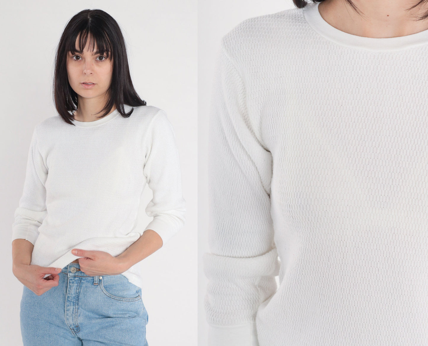 80s Munsingwear White Thermal Waffle Knit Long Sleeve Tee Small