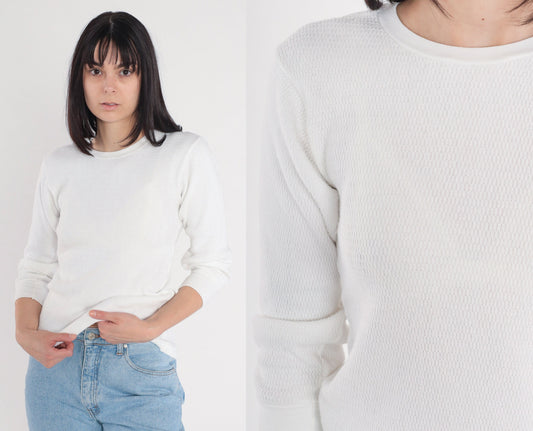 80s Munsingwear White Thermal Waffle Knit Long Sleeve Tee Small