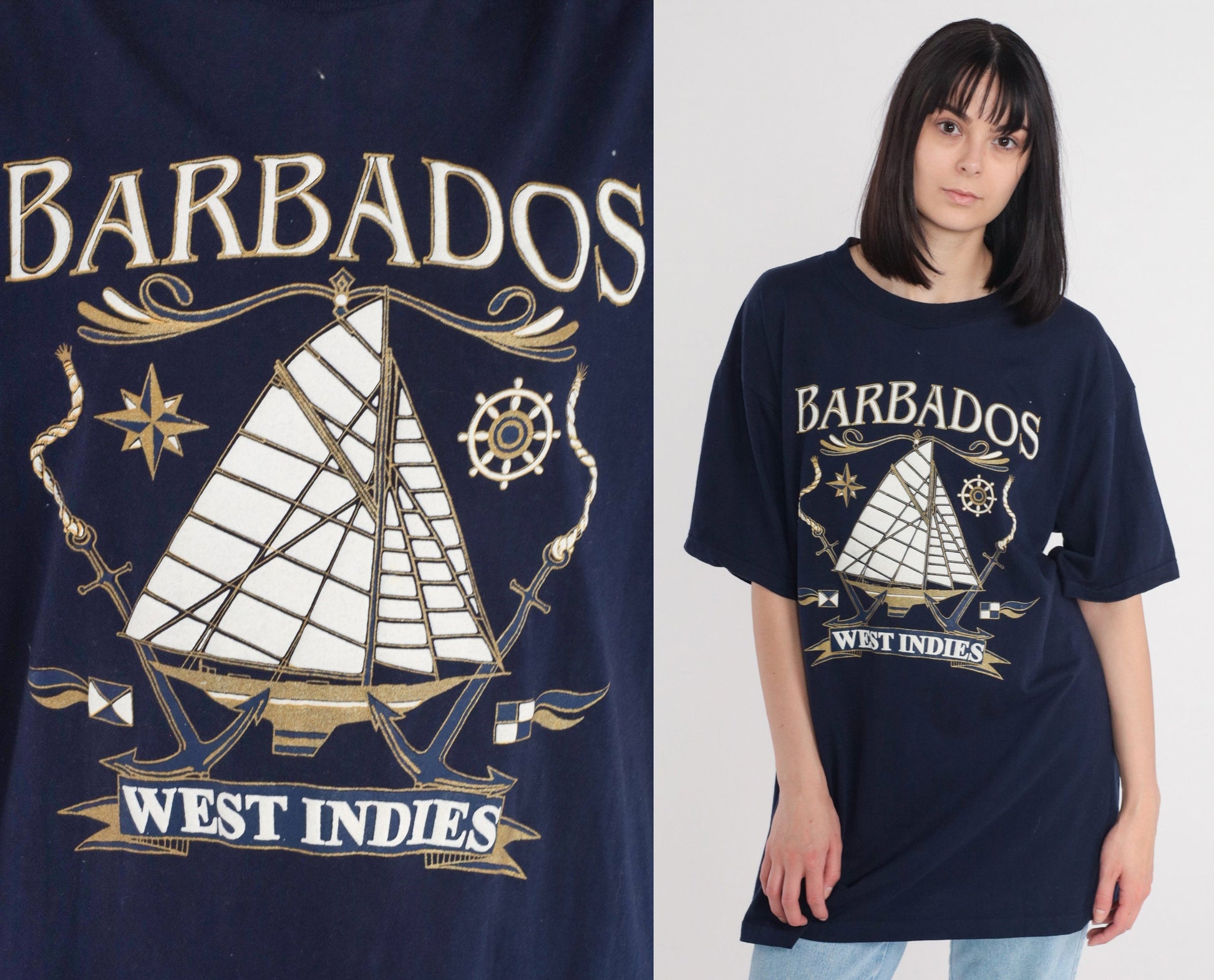 90s Barbados West Indies Sailboat Graphic T-Shirt Navy Cotton XXL