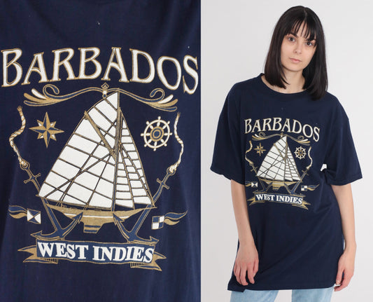 90s Barbados West Indies Sailboat Graphic T-Shirt Navy Cotton XXL
