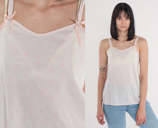 80s White Floral Camisole Pink Ditsy Print Spaghetti Strap Tank Small