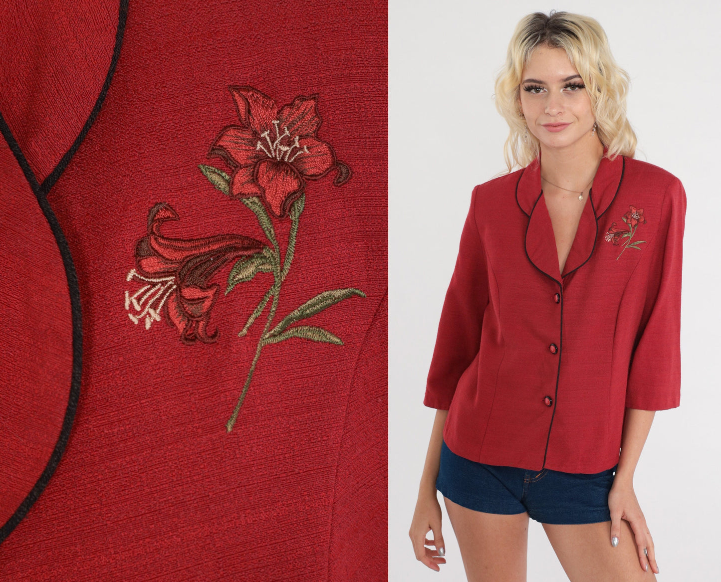 80s R&K Originals Red Floral Applique Blazer Medium