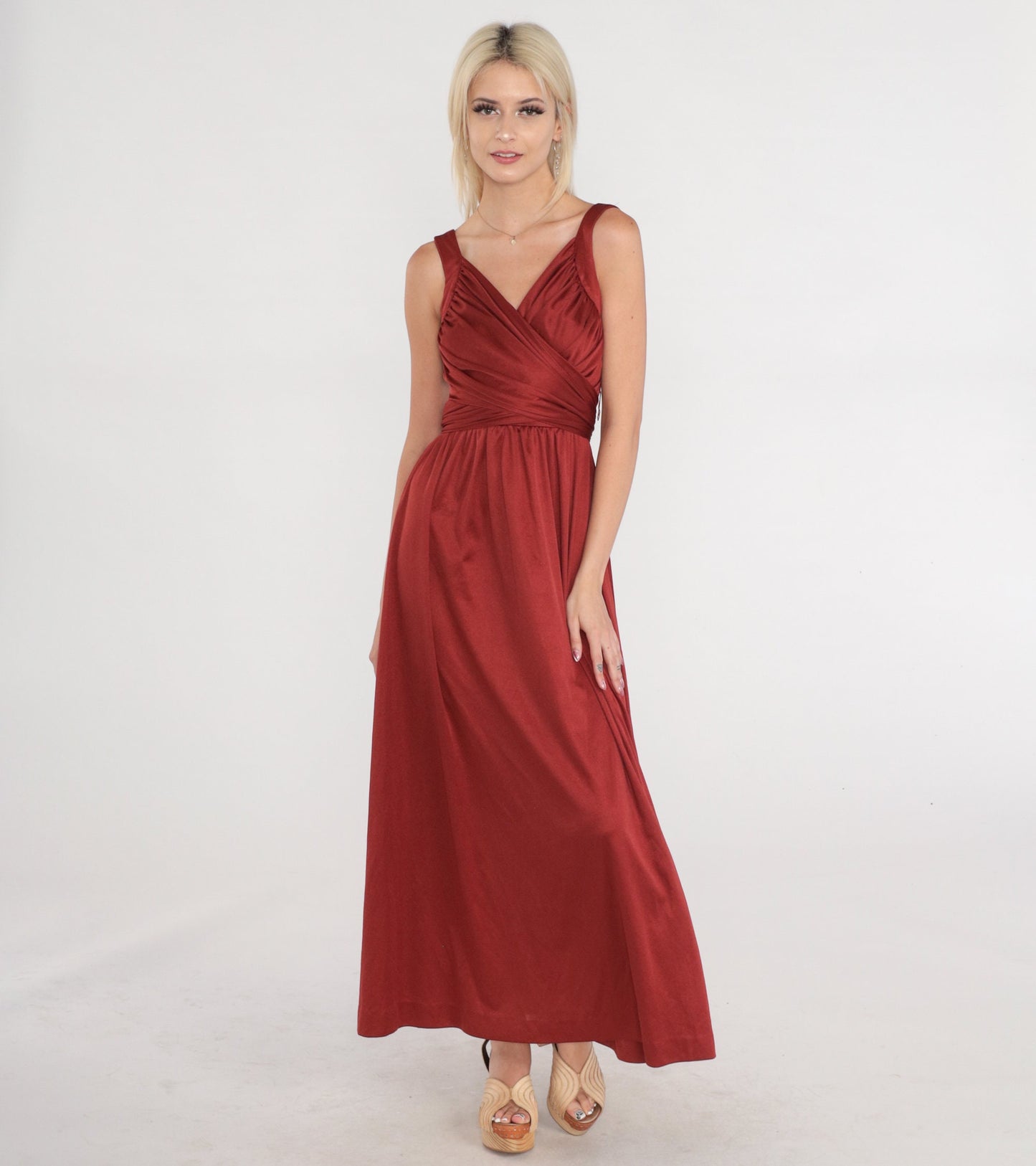 70s Rust Red Maxi Dress Deep V Wrap Bodice High Waisted Small