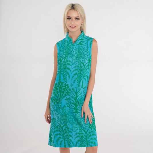 60s Ruth Clarage Tropical Palm Tree Shift Dress Blue Midi Medium