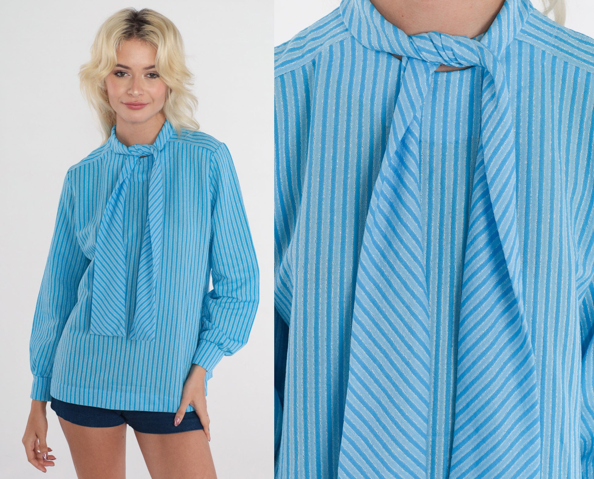 70s Blue Striped Ascot Blouse Long Sleeve Necktie Top Medium