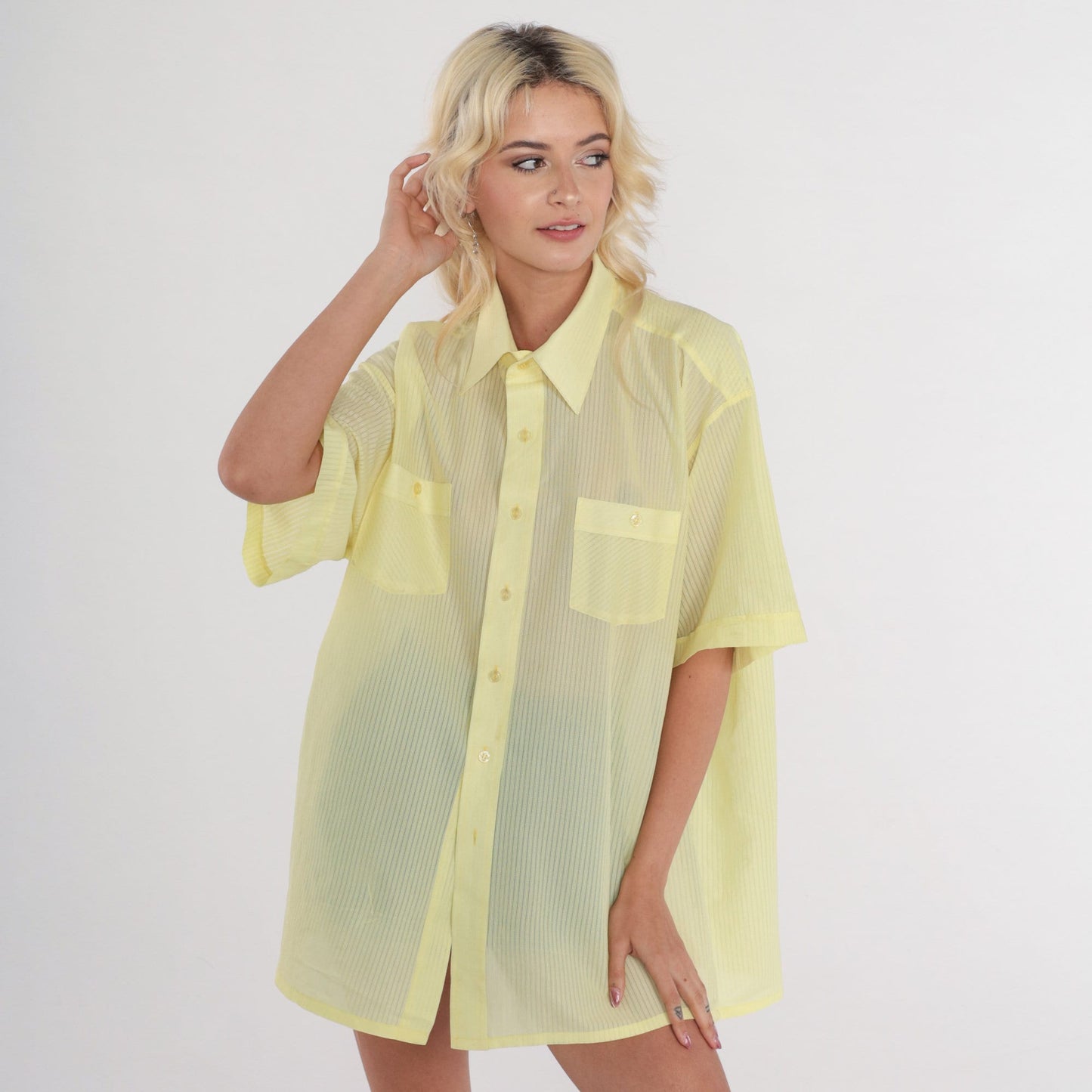 70s Yellow Striped Button-Up Shirt Semi-Sheer Short Sleeve Mens XXL