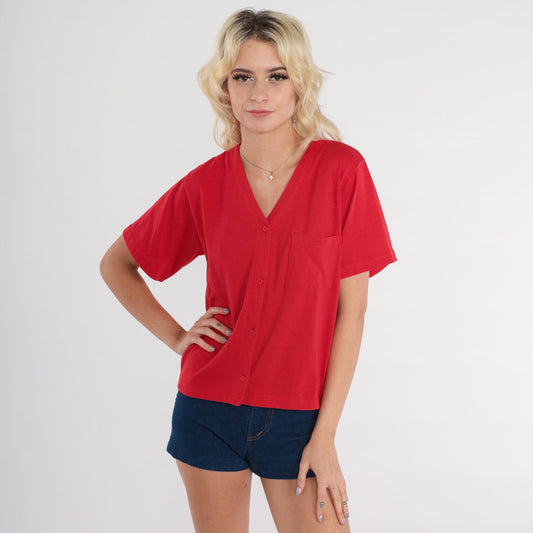 80s Red Button-Up Shirt V-Neck Short Sleeve Cotton Blend Small