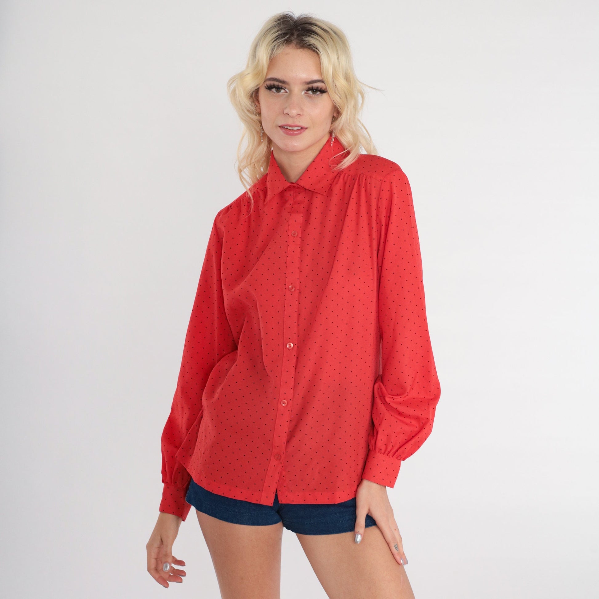 70s Red Polka Dot Button-Up Blouse Long Sleeve Collar Medium
