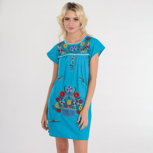 90s Mexican Floral Embroidered Mini Dress Blue Cotton Cap Sleeve Extra Small
