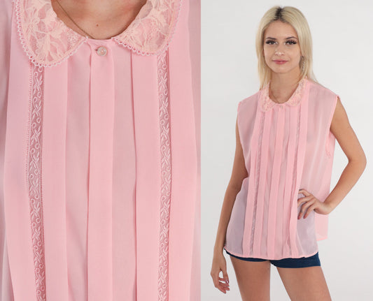 80s Baby Pink Lace Peter Pan Collar Sleeveless Button-Up Blouse Medium