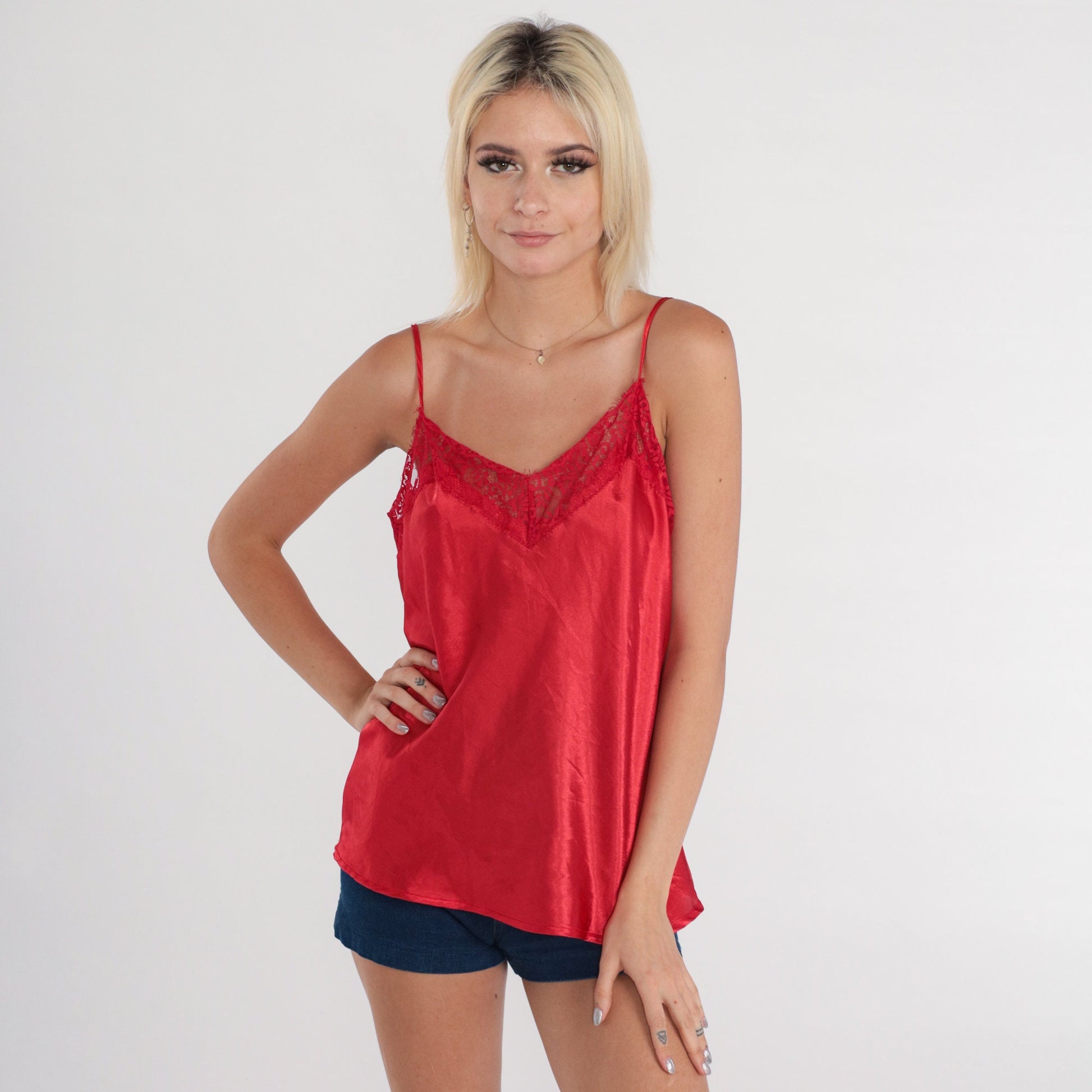 90s Red Lace Camisole Tank Top Vintage Lingerie Medium M