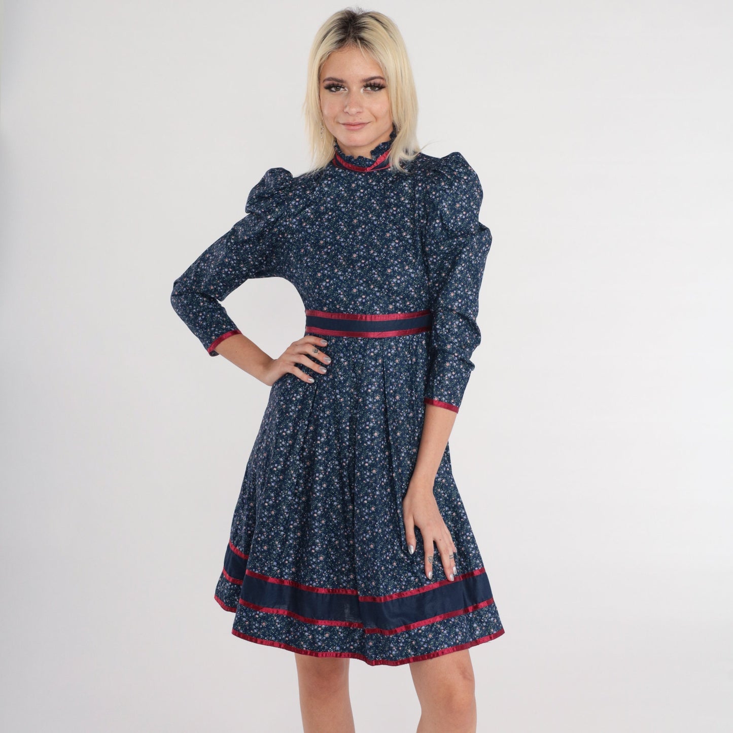 70s Blue Calico Floral Mini Dress Puff Sleeve High Neck Ruffled Babydoll XXS