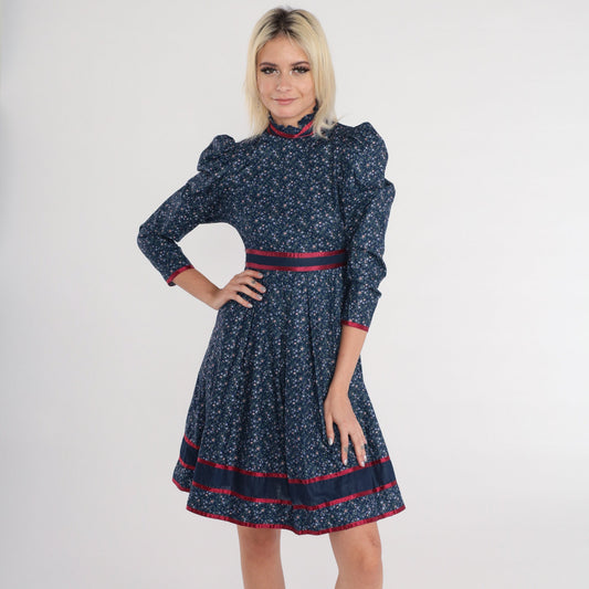 70s Blue Calico Floral Mini Dress Puff Sleeve High Neck Ruffled Babydoll XXS