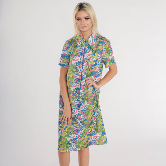 70s Psychedelic Floral Midi Shift Dress Zip Front Collar Short Sleeve Large L