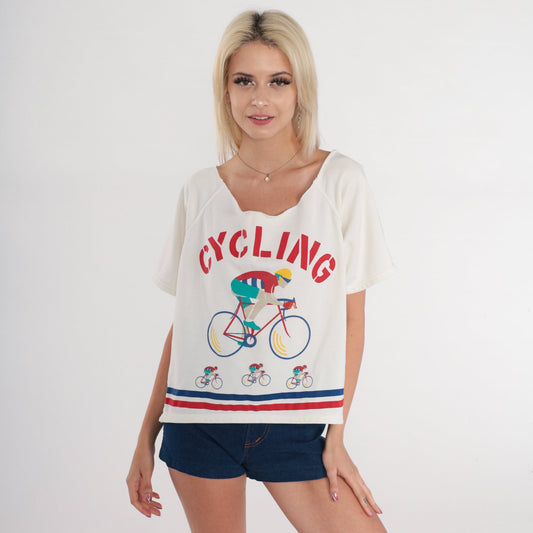 80s Cycling Graphic T-Shirt White Cotton Cutoff Neckline Large