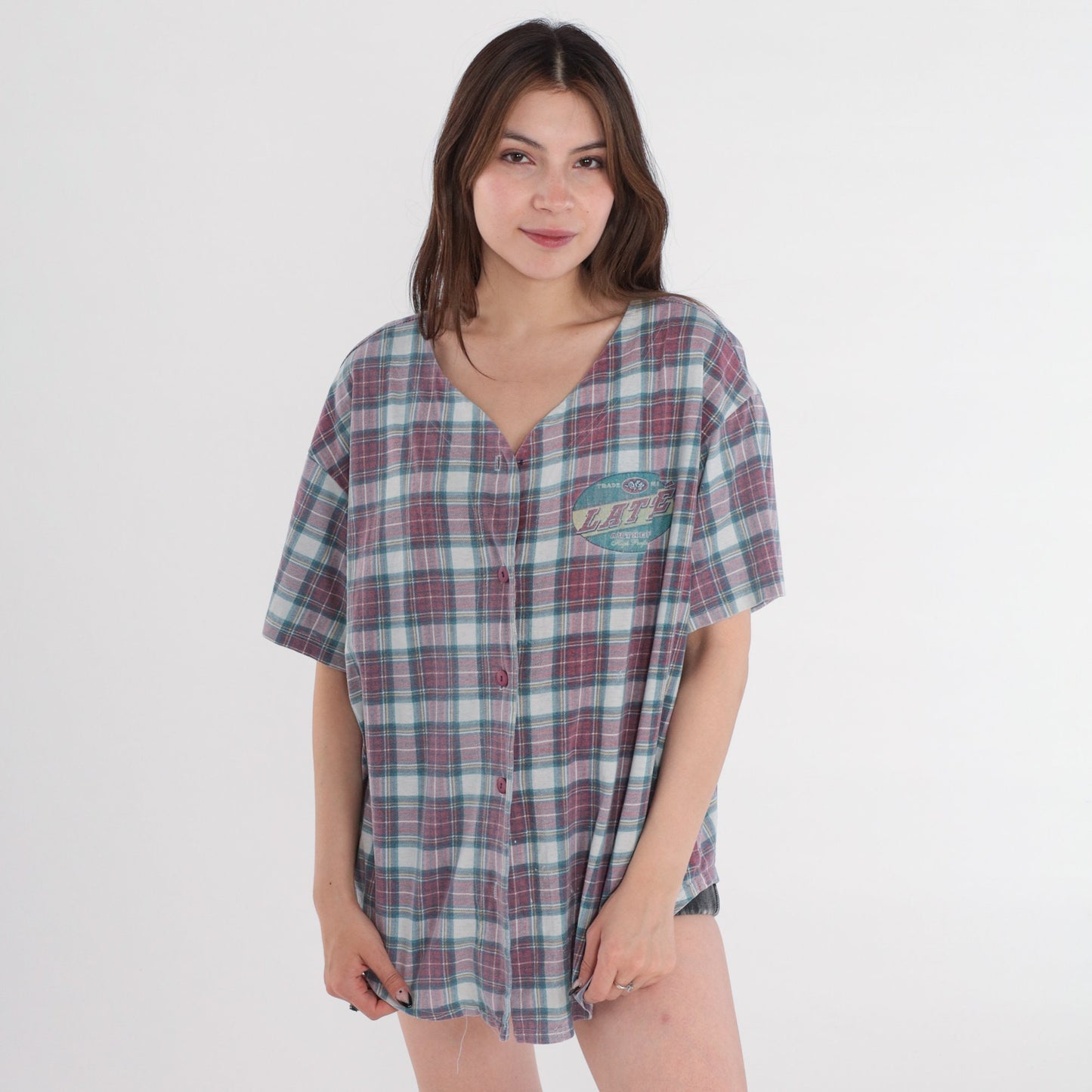 90s Latte Sport Plaid Button Up Shirt Short Sleeve Large L