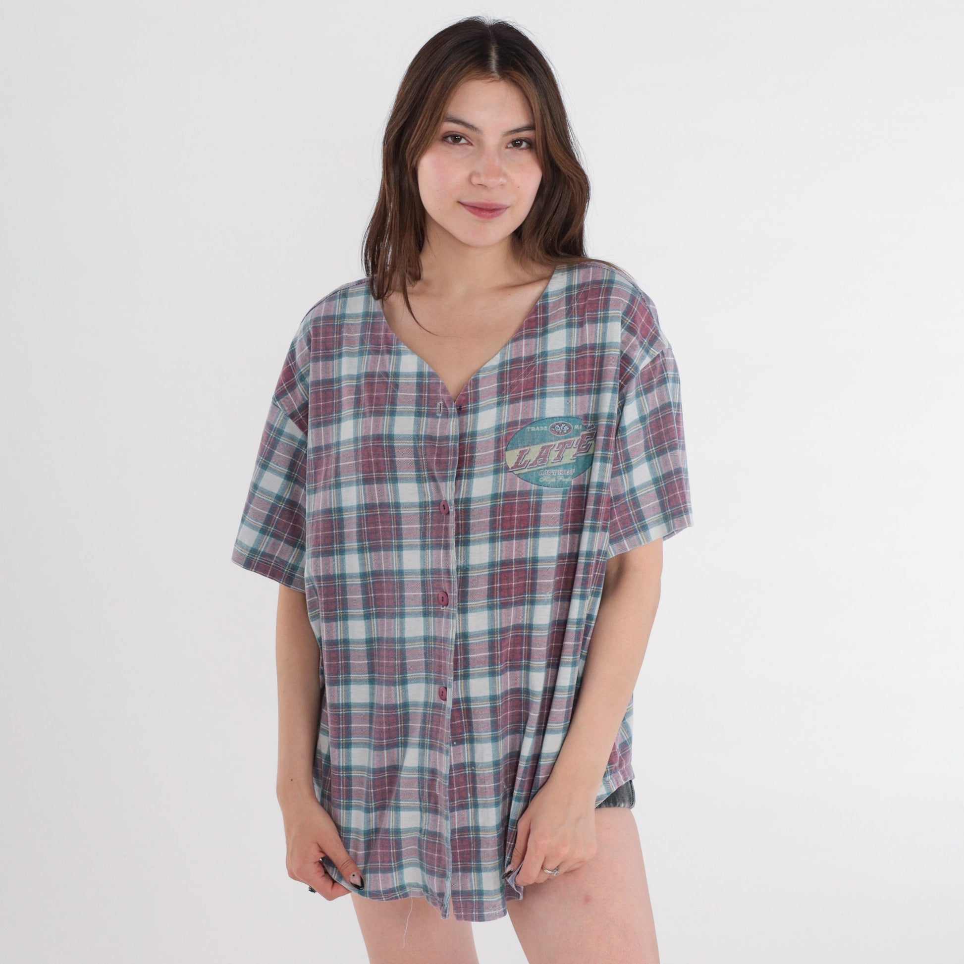 90s Latte Sport Plaid Button Up Shirt Short Sleeve Large L