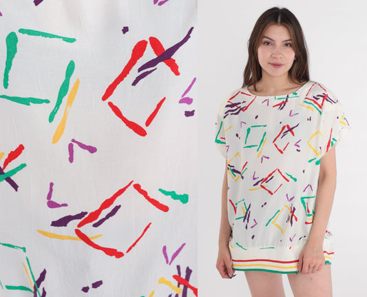 80s Campus Casuals Tunic Top Abstract Geometric Square Print White Extra Large