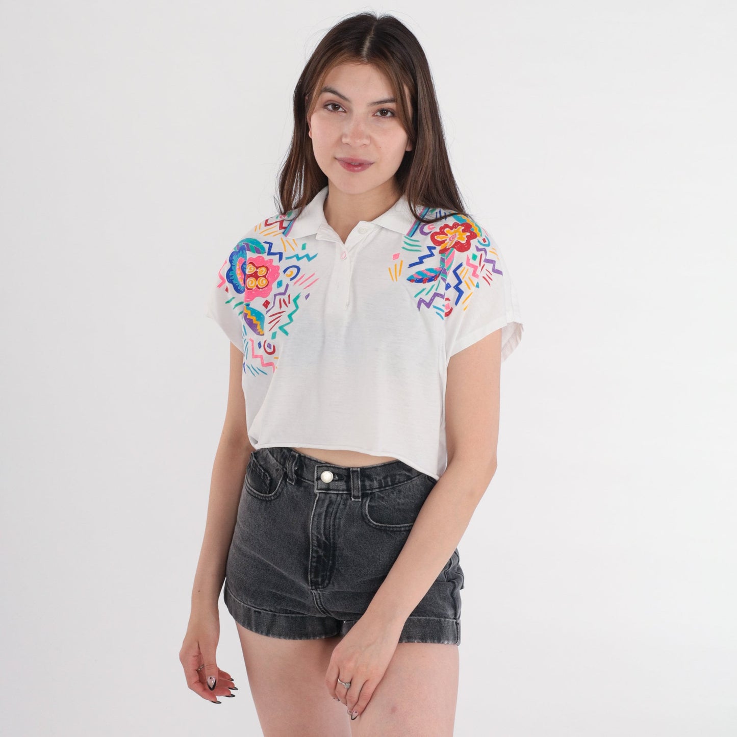 90s Lily's Floral Polo Crop Top White Abstract Print Collared Small