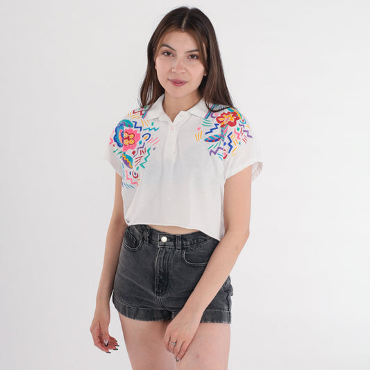 90s Lily's Floral Polo Crop Top White Abstract Print Collared Small