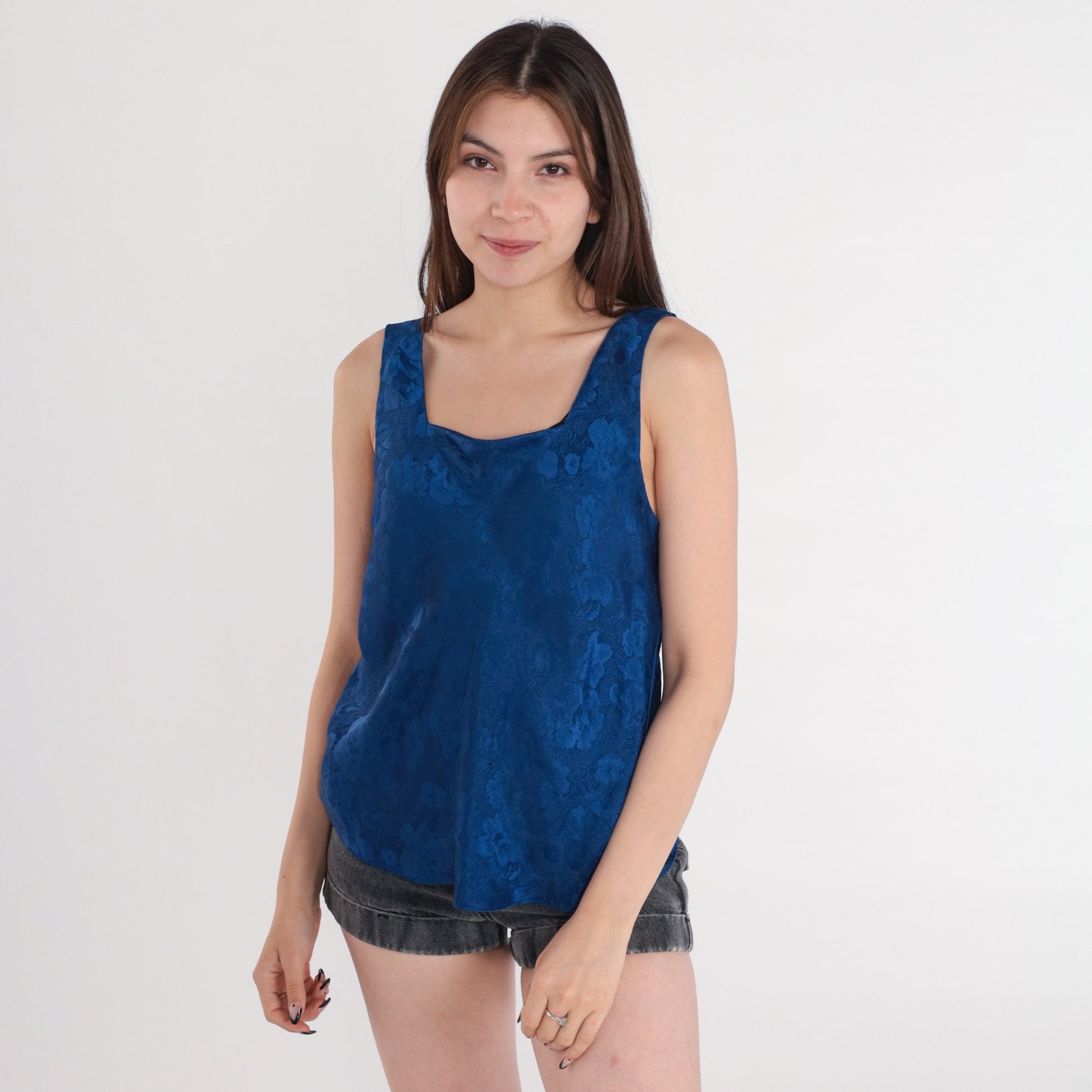 90s Navy Floral Embossed Satin Camisole Tank Top Medium M