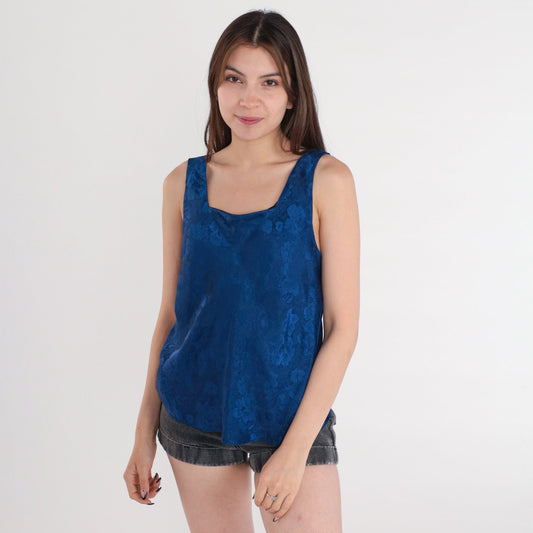 90s Navy Floral Embossed Satin Camisole Tank Top Medium M