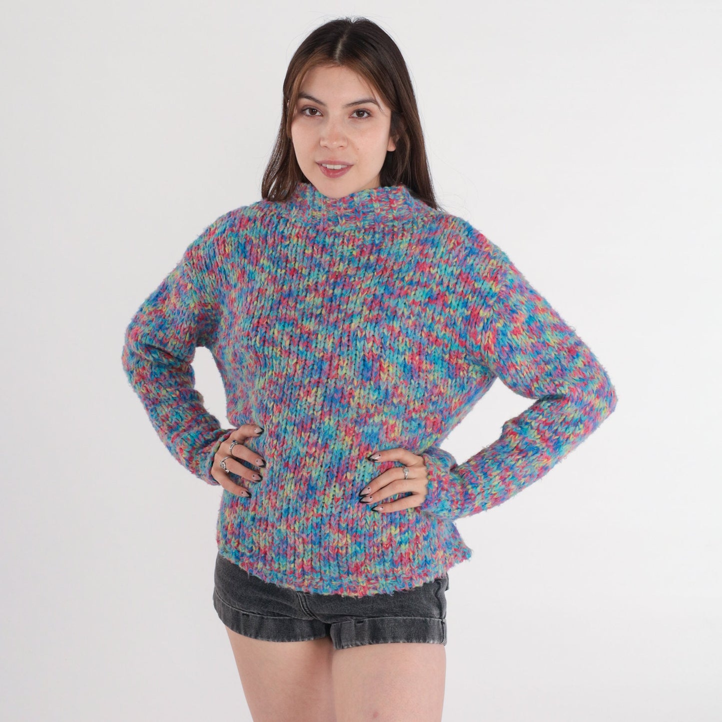 Y2K Space Dye Mockneck Sweater Multicolor Chunky Knit Pullover XS